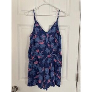 Tipsy elves flamingo print romper blue shorts spaghetti strap vacation beach Med